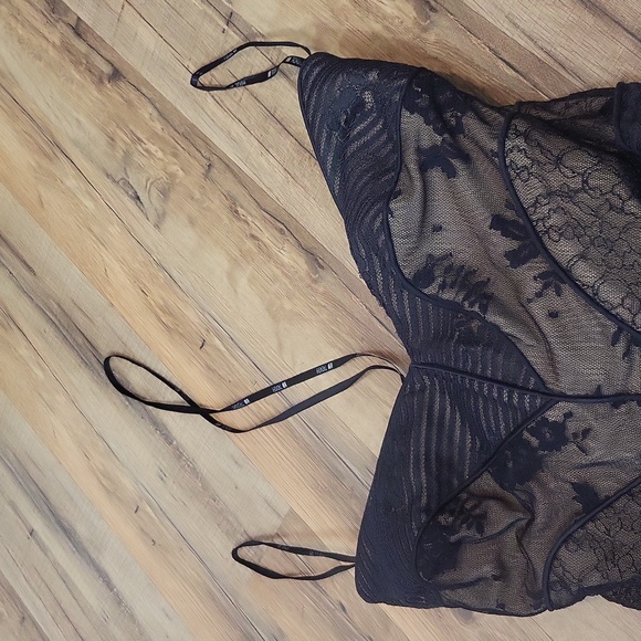 Vtg TADASHI Black Lace Mesh Over Nude Strapless Cocktail Midi Dress - Picture 6 of 14